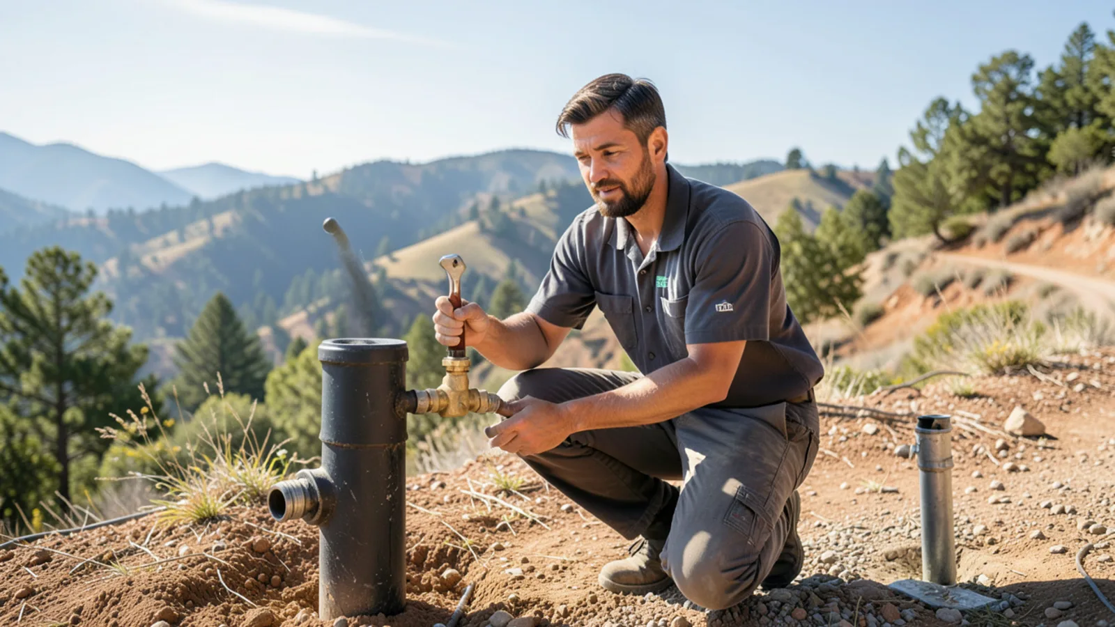 Plumbing technician testing pressure regulator on an El Dorado Hills hillside home